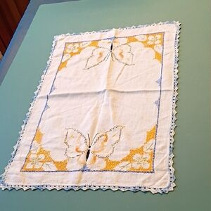 Embroidered Butterfly Table Cloth/Runner - White and Yellow